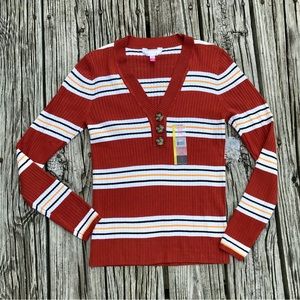 2/$10 NEW Ladies L NO BOUNDARIES Stripe Knit V Neck Henley Button Sweater Top